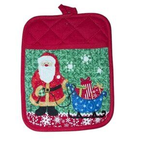 Vintage Rectangle Pocket Christmas Embroidered Santa Claus Sleigh Pot Holder